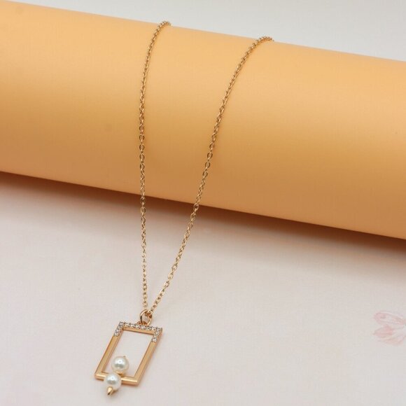 Geometric Pearl Drop Rose Gold Necklace, XPNL0212 - Picture 10 of 13